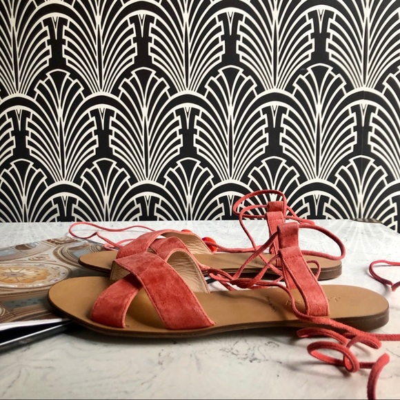 J. Crew Suede Pom-Pom Lace-Up Sandals in Coral - Picture 4 of 7